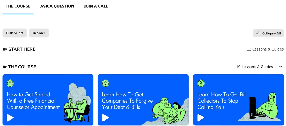 LeskoHelp member area showing video course lessons on free financial counseling, debt and bill help